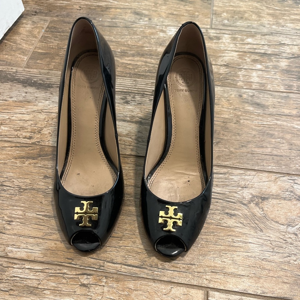 Tory Burch Black Heels with Gold Emblem